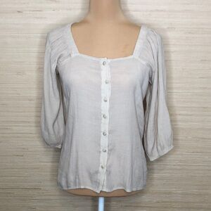 Harve Benard Oatmeal Puff Sleeve Square Neck Lightweight Sheer Lagenlook Blouse